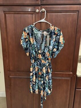 La La Muse Navy Floral Tropical Romper